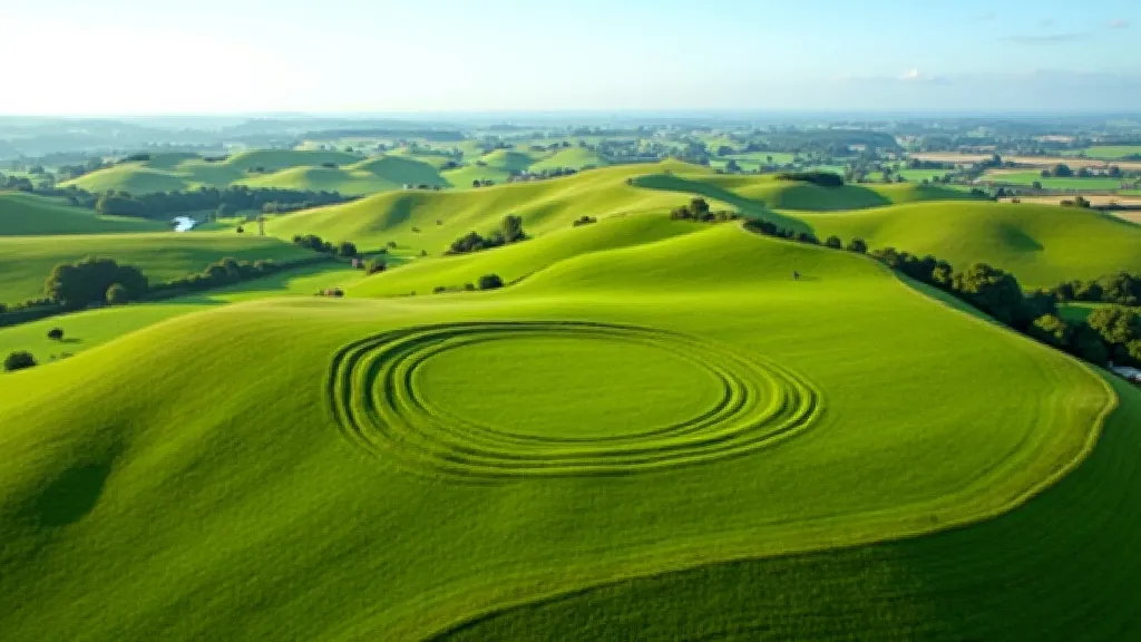 Aerial view of rolling green hills with ancient earthwork formations visible on the landscape near Meath Ireland
