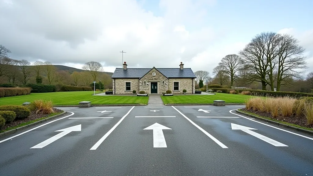 Heritage site car park with accessible parking spaces clearly marked, paved surface, and visitor entrance visible in background