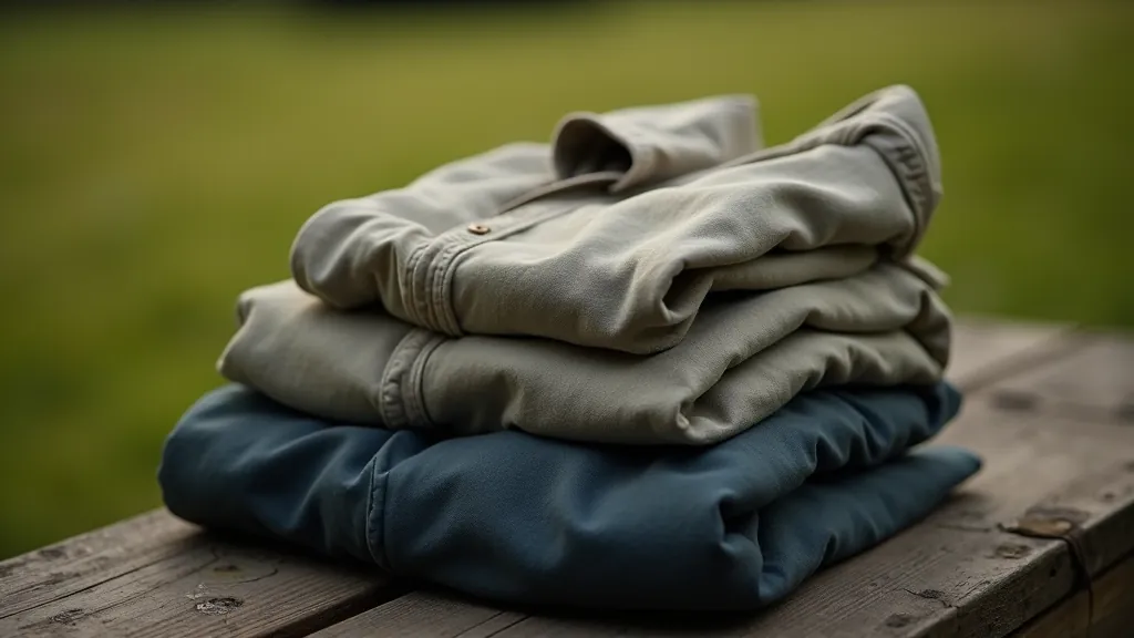 Layered clothing arrangement showing lightweight jacket, long sleeve shirt, and comfortable trousers on outdoor bench