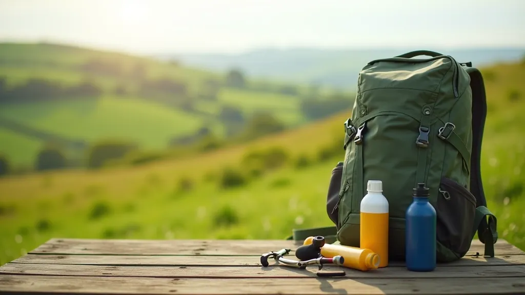 Person with hiking gear and water bottle on outdoor walking path