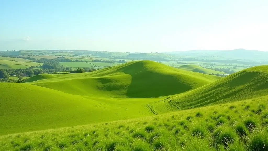 Scenic rolling green hills with ancient stone structures and pathways at Hill of Tara in County Meath Ireland