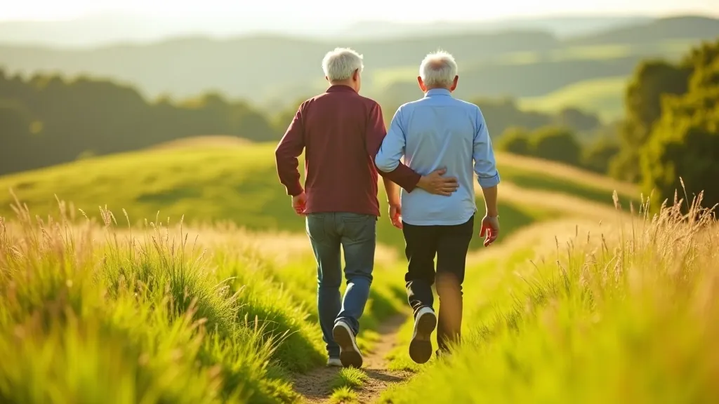 Older couple walking on a well-maintained grass path with comfortable hiking boots and light jackets on a sunny day