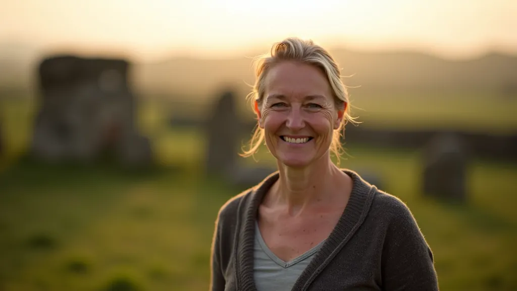 Portrait of historian with glasses smiling outdoors near ancient stone structure, professional casual clothing, portrait from chest up, afternoon light, sharp focus, NO text