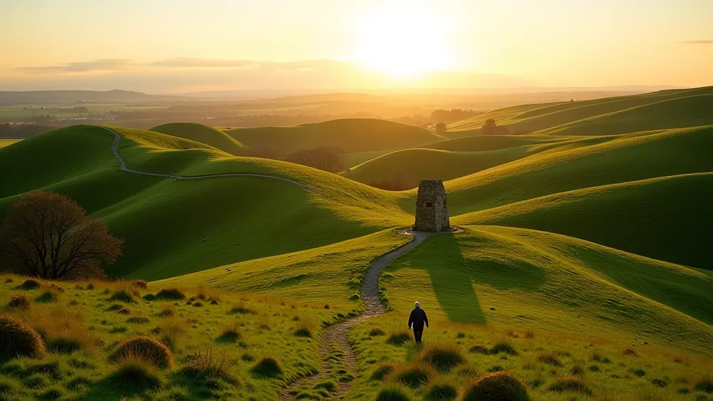 Scenic view of gentle hill trails in Ireland's countryside with heritage pathways and natural landscape