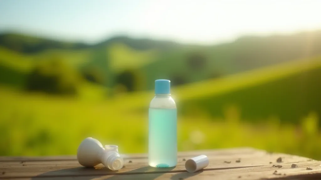 Reusable water bottle and sunscreen bottle placed together on outdoor picnic table with landscape view
