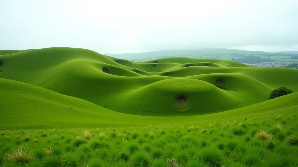 Ancient stone structures and earthwork formations at the Hill of Tara with green meadows surrounding the sacred site