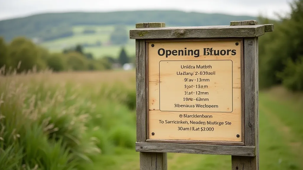 Visitor information board showing opening hours and facility information at heritage site entrance
